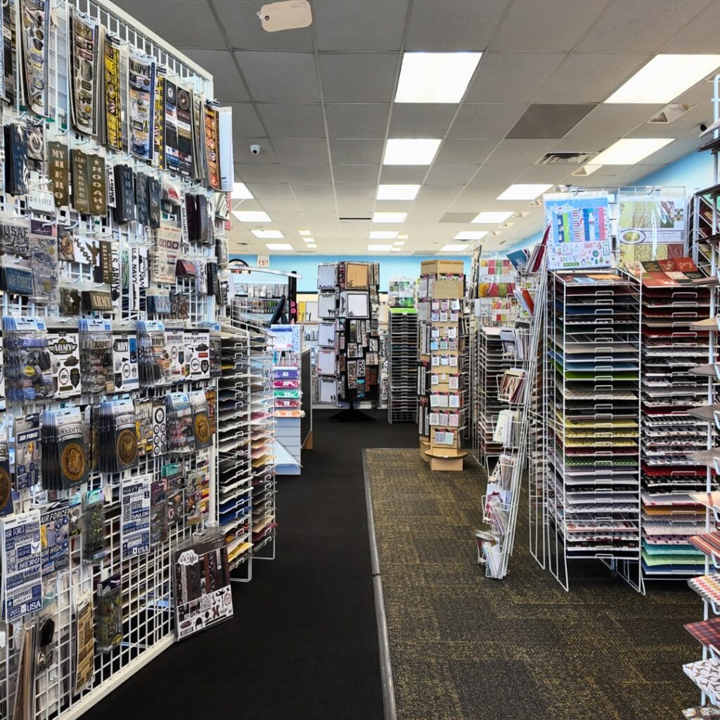 Aisle of scrapbooking supplies at Cut it Out