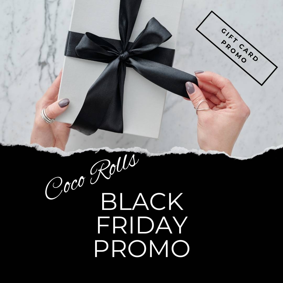 Gift being opened with black ribbon and giift card promo