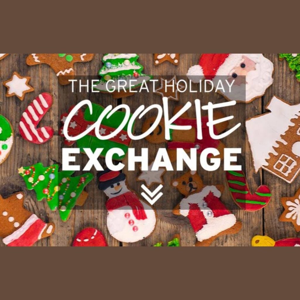 decorated holiday cookies with a cookie exchange graphic overlay